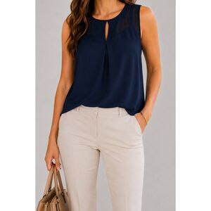 Monteau Los Angeles Women’s S Navy Chiffon Sleeveless Blouse Keyhole Pleated Top